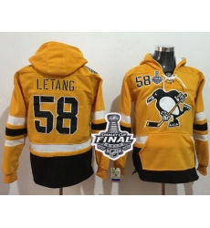 Men Pittsburgh Penguins 58 Kris Letang Gold Sawyer Hooded Sweatshirt 2017 Stadium Series Stanley Cup Final Patch Stitched NHL Jersey