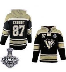 Men Pittsburgh Penguins 87 Sidney Crosby Black Sawyer Hooded Sweatshirt 2017 Stanley Cup Final Patch Stitched NHL Jersey