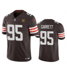 Men Cleveland Browns 95 Myles Garrett Brown 2023 F U S E  With John Madden Patch Vapor Limited Stitched Football Jersey