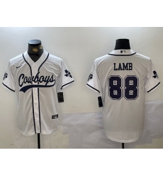 Men Dallas Cowboys 88 CeeDee Lamb White With Patch Cool Base Stitched Baseball Jersey 2