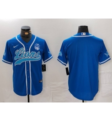 Men Detroit Lions Blank Blue With 90th Anniversary Patch Cool Base Stitched Baseball Jersey