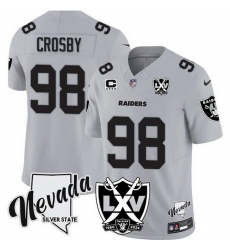 Men Las Vegas Raiders 98 Maxx Crosby Grey 2024 F U S E With Nevada Silver Stat Patch And 65th Anniversary Patch 4 Star C Patch Stitched Football Jersey