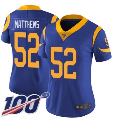 Women Rams 52 Clay Matthews Royal Blue Alternate Stitched Football 100th Season Vapor Limited Jersey