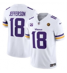 Men Minnesota Vikings 18 Justin Jefferson White 2023 F U S E  With 1 Star C Patch And John Madden Patch Vapor Limited Stitched Football Jersey