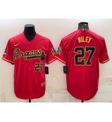 Men Atlanta Braves 27 Austin Riley Red Gold Cool Base Stitched Baseball Jersey