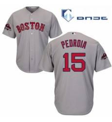 Youth Majestic Boston Red Sox 15 Dustin Pedroia Authentic Grey Road Cool Base 2018 World Series Champions MLB Jersey