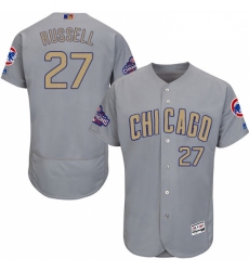 Mens Majestic Chicago Cubs 27 Addison Russell Authentic Gray 2017 Gold Champion Flex Base MLB Jersey