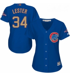 Womens Majestic Chicago Cubs 34 Jon Lester Authentic Royal Blue 2017 Gold Champion MLB Jersey