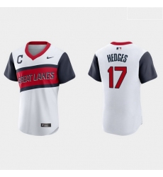 Men Cleveland Indians 17 Austin Hedges Men Nike White 2021 Little League Classic Authentic MLB Jersey