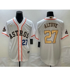 Men's Houston Astros #27 Jose Altuve Number 2023 White Gold World Serise Champions Patch Cool Base Stitched Jersey