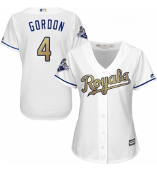 Womens Majestic Kansas City Royals 4 Alex Gordon Authentic White 2015 World Series Champions Gold Program Cool Base MLB Jersey