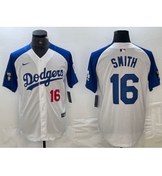 Men Los Angeles Dodgers 16 Will Smith White Blue Vin Patch Cool Base Stitched Baseball Jersey 15