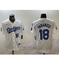 Men Los Angeles Dodgers 18 Yoshinobu Yamamoto White 2024 World Series With Fernando Memorial Patch Home Limited Stitched Baseball Jersey