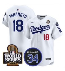 Men Los Angeles Dodgers 18 Yoshinobu Yamamoto White 2024 World Series With Fernando Memorial Patch Limited Stitched Baseball Jersey