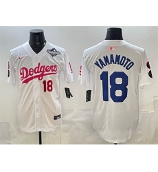 Men Los Angeles Dodgers 18 Yoshinobu Yamamoto White Pink 2025 World Series Vin  26 Kobe Patch Limited Stitched Baseball Jersey