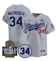 Men Los Angeles Dodgers 34 Toro Valenzuela Grey 2024 World Series With Fernando Memorial Patch Limited Stitched Baseball Jersey X