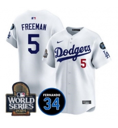 Men Los Angeles Dodgers 5 Freddie Freeman White 2024 World Series With Fernando Memorial Patch Limited Stitched Baseball Jersey