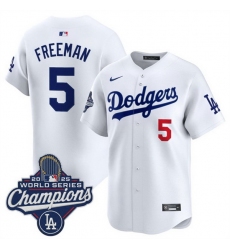 Men Los Angeles Dodgers 5 Freddie Freeman White 2025 World Series Champions Patch Home Limited Stitched Baseball Jersey