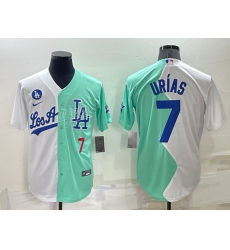 Men Los Angeles Dodgers 7 Julio Urias 2022 All Star White Green Cool Base Stitched Baseball Jersey