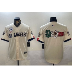 Men Los Angeles Dodgers Team Big Logo Cream 2024 World Series With No  34 Patch Limited Stitched Baseball Jersey