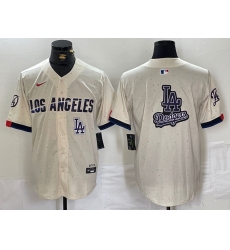 Men Los Angeles Dodgers Team Big Logo Cream Stitched Baseball Jersey 002