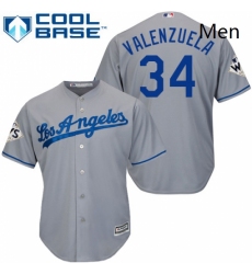 Mens Majestic Los Angeles Dodgers 34 Fernando Valenzuela Replica Grey Road 2017 World Series Bound Cool Base MLB Jersey