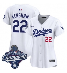 Women Los Angeles Dodgers 22 Clayton Kershaw White 2025 World Series Champions Home Cool Base Stitched Baseball Jersey 