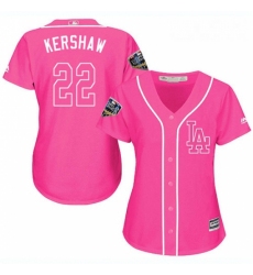 Womens Majestic Los Angeles Dodgers 22 Clayton Kershaw Authentic Pink Fashion Cool Base 2018 World Series MLB Jersey