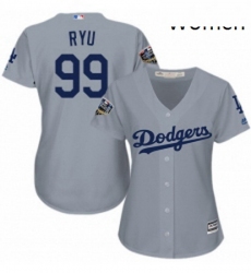 Womens Majestic Los Angeles Dodgers 99 Hyun Jin Ryu Authentic Grey Road Cool Base 2018 World Series MLB Jersey