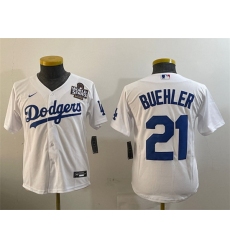 Youth Los Angeles Dodgers 21 Walker Buehler White 2024 World Series Cool Base Stitched Baseball Jersey