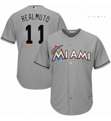 Mens Majestic Miami Marlins 11 J T Realmuto Replica Grey Road Cool Base MLB Jersey 