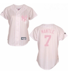 Womens Majestic New York Yankees 7 Mickey Mantle Replica WhitePink Strip MLB Jersey