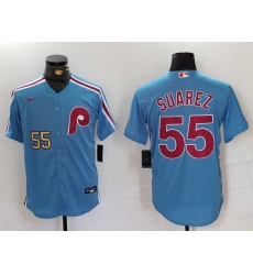 Men Philadelphia Phillies 55 Ranger Suarez Blue Cool Base Stitched Jersey 2