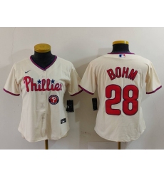 Women Philadelphia Phillies 28 Alec Bohm Cream Cool Base Stitched Baseball Jersey 3