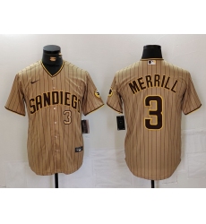 Men San Diego Padres 3 Jackson Merrill Tan Cool Base Stitched Baseball Jersey 2