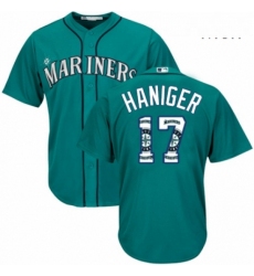 Mens Majestic Seattle Mariners 17 Mitch Haniger Authentic Teal Green Team Logo Fashion Cool Base MLB Jersey 