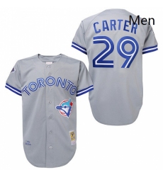 Mens Mitchell and Ness Toronto Blue Jays 29 Joe Carter Authentic Grey Throwback MLB Jersey