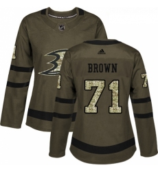 Womens Adidas Anaheim Ducks 71 JT Brown Authentic Green Salute to Service NHL Jersey 