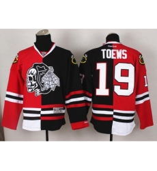 Chicago Blackhawks 19 Jonathan Toews White Skull Logo Fashion Black Red Split NHL Jerseys