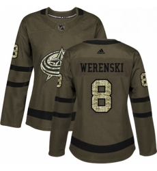 Womens Adidas Columbus Blue Jackets 8 Zach Werenski Authentic Green Salute to Service NHL Jersey 