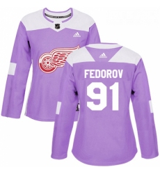 Womens Adidas Detroit Red Wings 91 Sergei Fedorov Authentic Purple Fights Cancer Practice NHL Jersey 