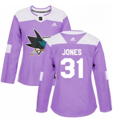 Womens Adidas San Jose Sharks 31 Martin Jones Authentic Purple Fights Cancer Practice NHL Jersey 