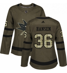 Womens Adidas San Jose Sharks 36 Jannik Hansen Authentic Green Salute to Service NHL Jersey 