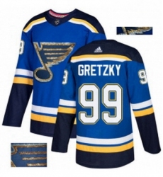 Mens Adidas St Louis Blues 99 Wayne Gretzky Authentic Royal Blue Fashion Gold NHL Jersey 