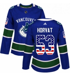 Womens Adidas Vancouver Canucks 53 Bo Horvat Authentic Blue USA Flag Fashion NHL Jersey 