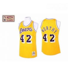 Mens Mitchell and Ness Los Angeles Lakers 42 James Worthy Authentic Gold Throwback NBA Jersey