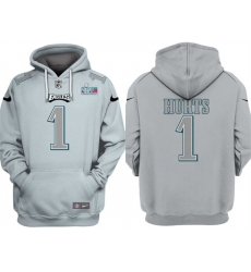 Men Philadelphia Eagles 1 Jalen Hurts Grey Atmosphere Fashion Super Bowl LVII Patch Pullover Hoodie