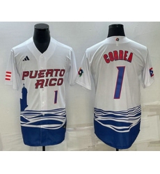 Mens Puerto Rico Baseball #1 Carlos Correa Number White 2023 World Baseball Classic Stitched Jersey