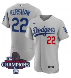 Men Nike Los Angeles Dodgers Clayton Kershaw #22 Gray Flex Base 2024 World Series Champions Stitched MLB Jersey