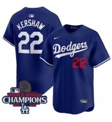 Youth Nike Los Angeles Dodgers Clayton Kershaw #22 Blue Flex Base 2024 World Series Champions Stitched MLB Jersey